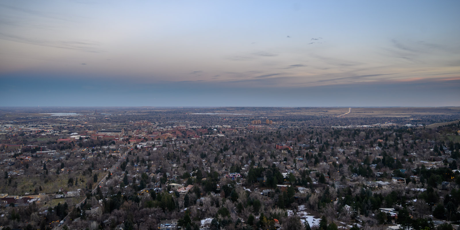 Panoramic view of Boulder, Colorado as the sun sets on a December day.