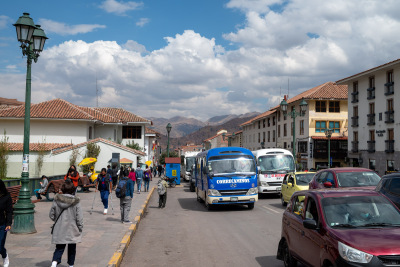 Afternoon traffic on a beautiful day in Cusco near Qorikancha