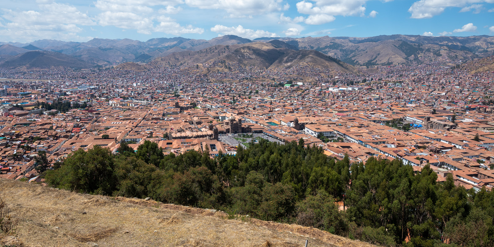 View down into central Cusco from SacsayhuamÃ¡n