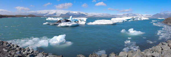 Panoramic view of the Jokulsarlon glacier lagoon in Iceland.