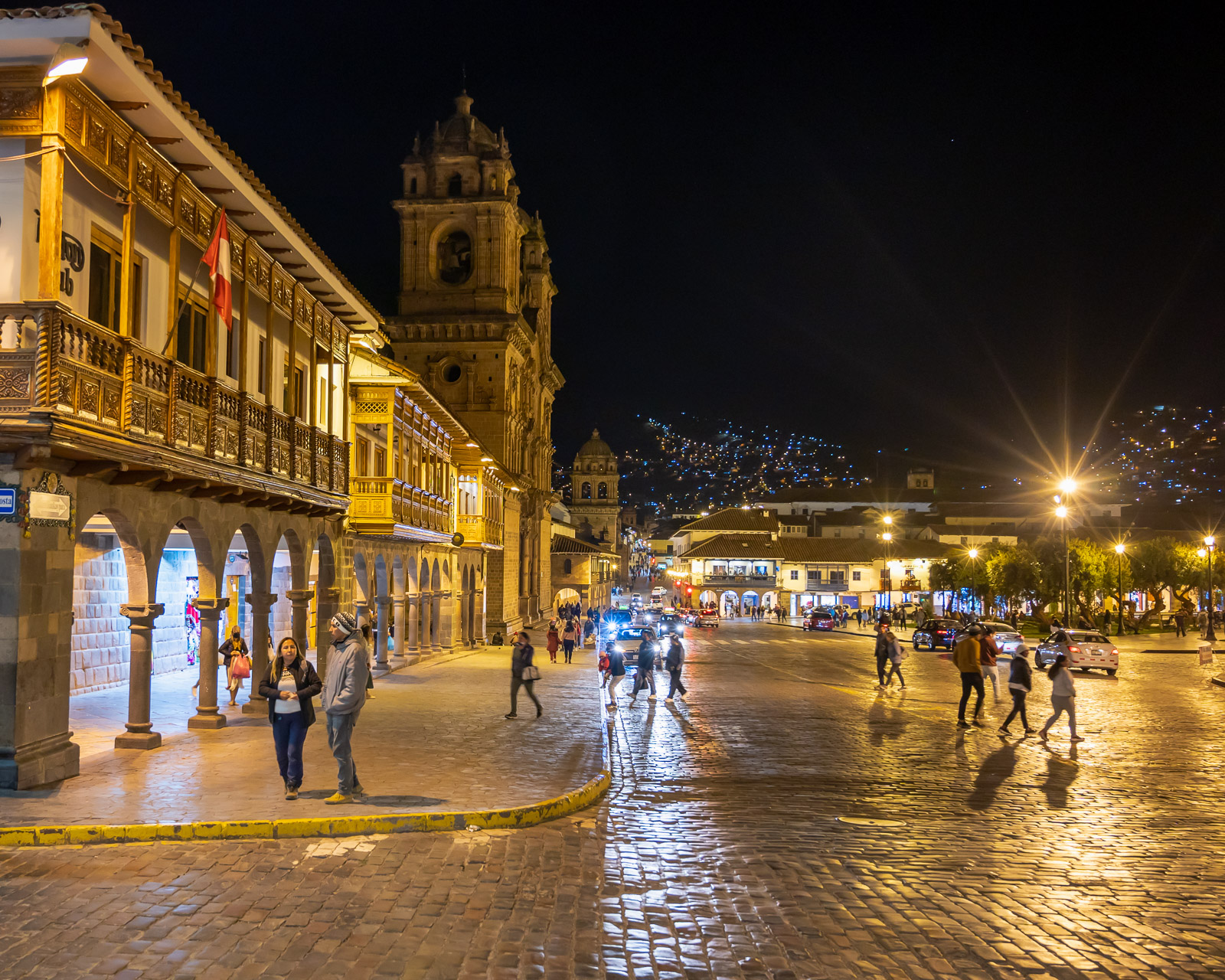 Glowing night view of Cusco on the corner of Plaza de Armas