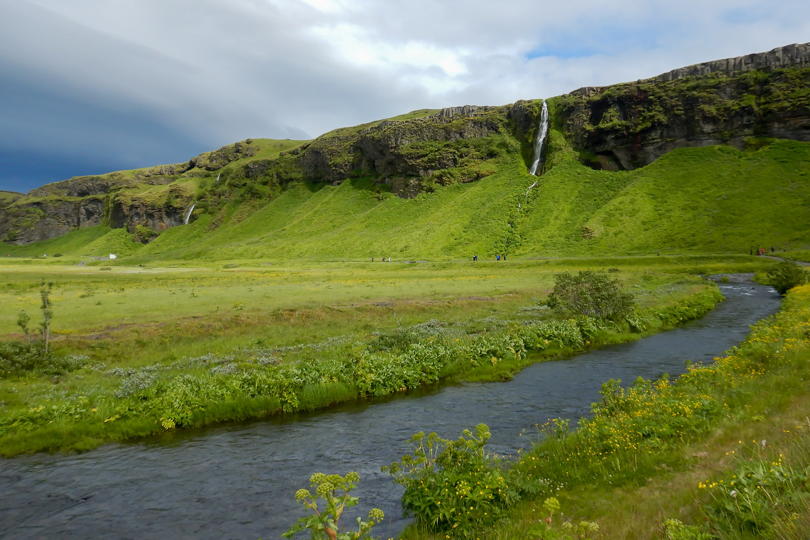 A bright green carpet of vegetation spills up the cliff at Seljalandsfoss, split by a thin blue stream.
