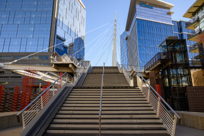 Steps rise to the top of Millennium Bridge in downtown Denver, Colorado.