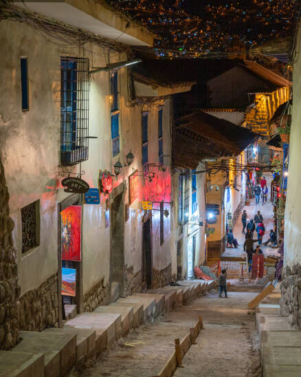 Look down Calle Triunfo in San Blas at night.