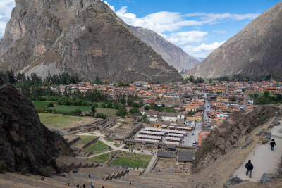 The town of Ollantaytambo from the top of the Incan ruins around it.