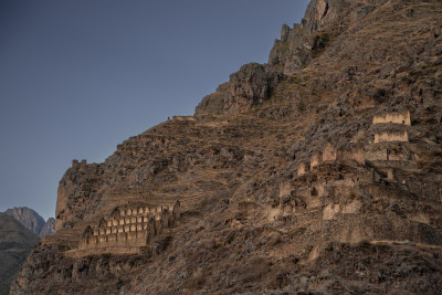 Incan storehouses on a steep mountain opposite Temple Hill at Ollantaytambo