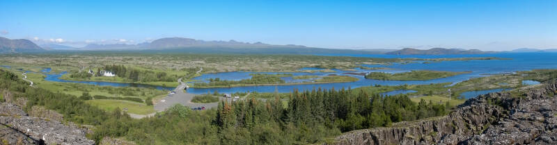 Panoramic view of Ãžingvellir national park in Iceland looking over the rift toward fields, lakes and mountains in the distance