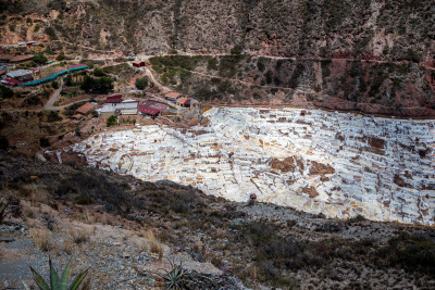 View down into Marasal salt mine from the access road above.