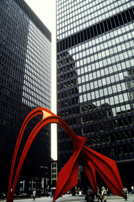 Flamingo sculpture by Alexander Calder stands out in red at Federal Plaza in Chicago.