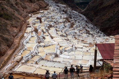 Thousands of evaporation pools line a mountain valley at Maras salt mine