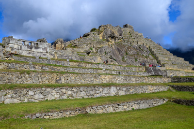 Temples of the Sacred District at Machu Picchu seen from the central plaza.